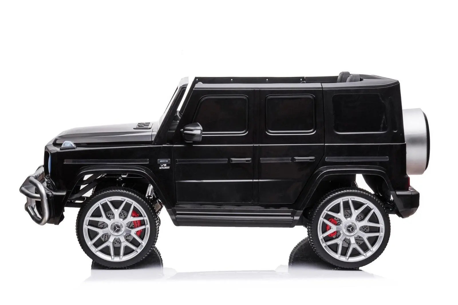 Black 2-seater 24V 4x4 ride-on toy car with realistic SUV design, silver wheels, and off-road style.