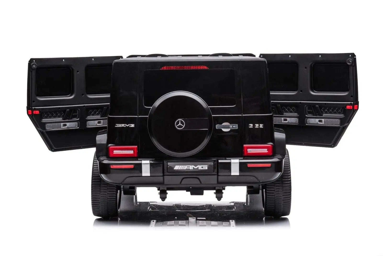 Rear view of black ride-on 4x4 kids car with open doors and realistic Mercedes details