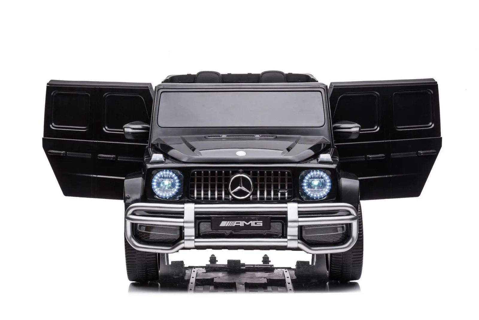 Black 24V Mercedes-Benz G63 AMG kids ride-on car, headlights on, doors open, two-seater