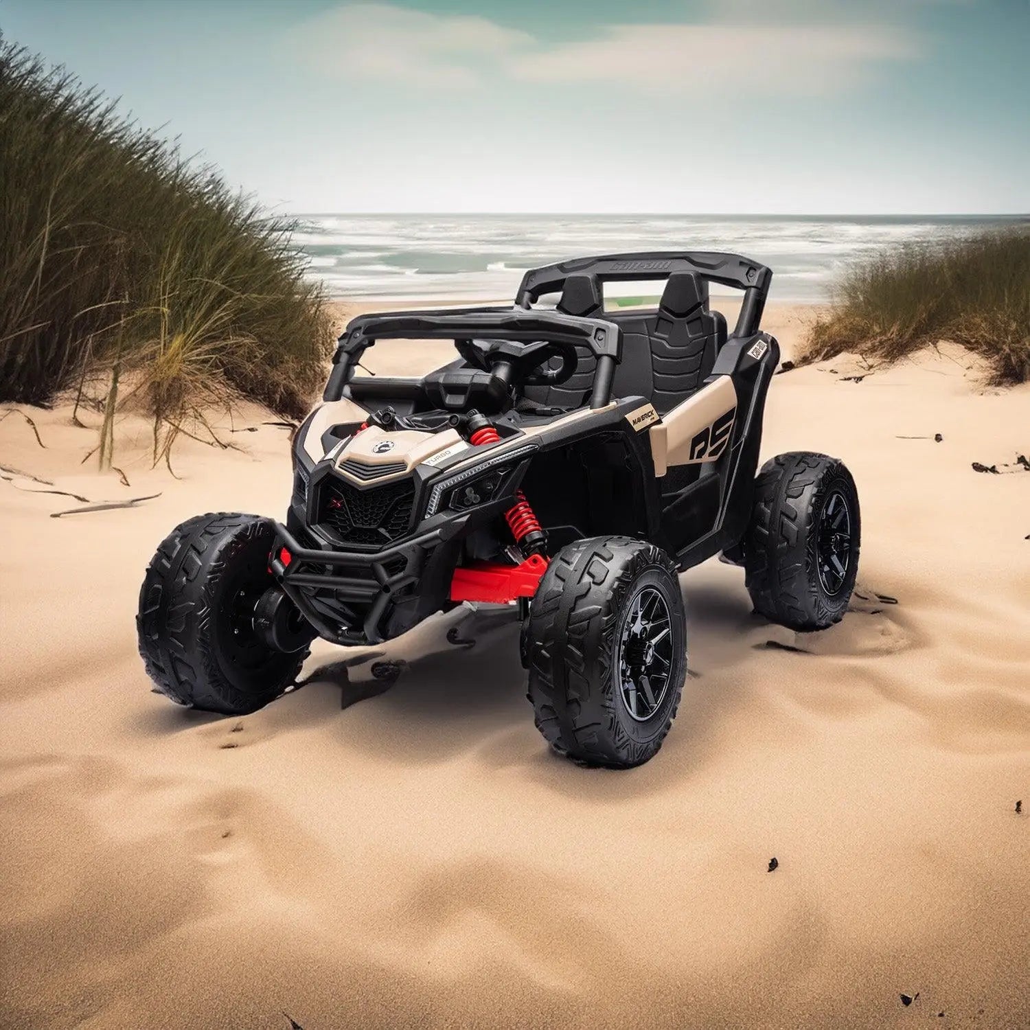 24V kids electric ride-on UTV one-seater off-road vehicle on sandy beach