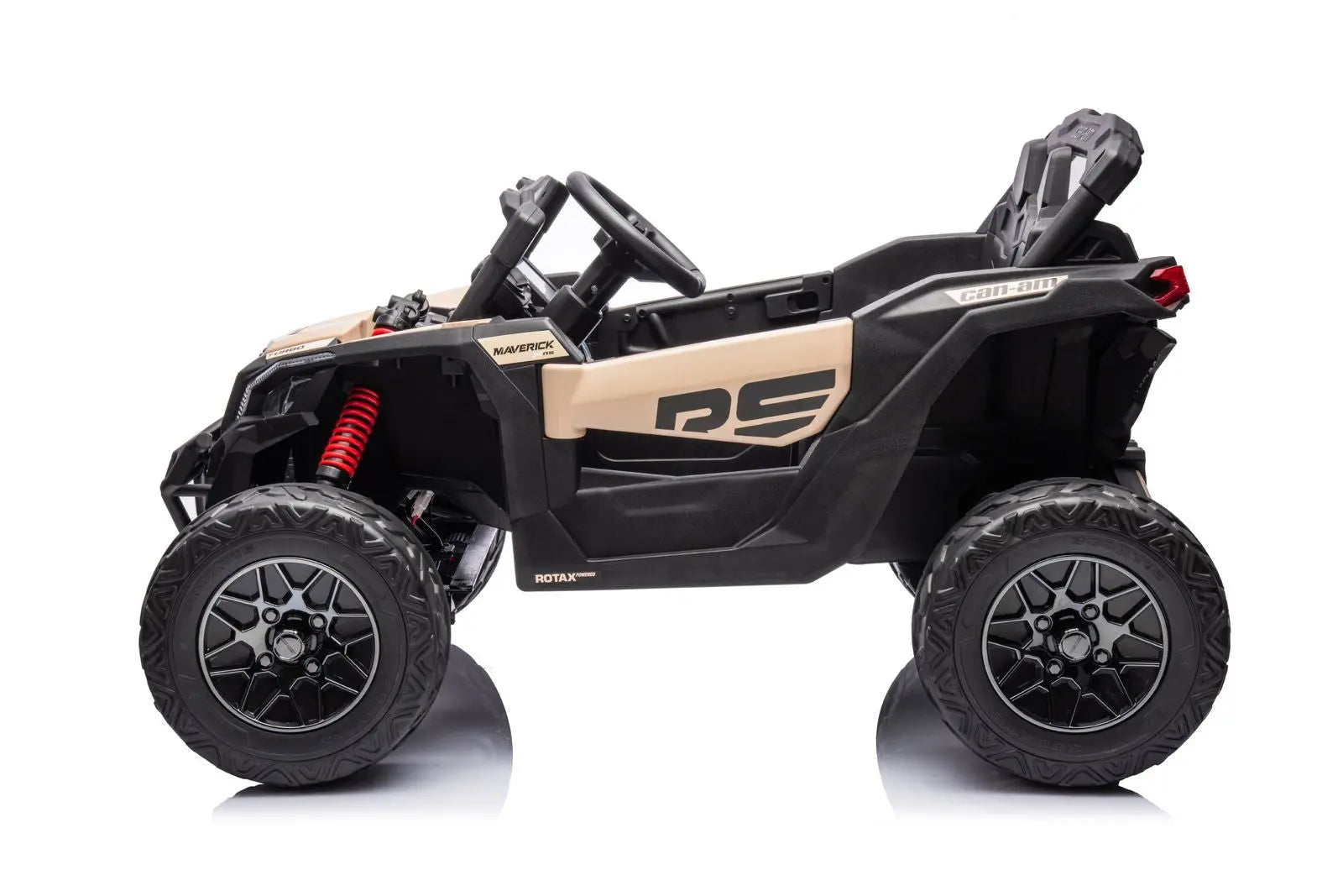 Kids 24V electric ride-on UTV, one-seater, tan and black, rugged tires, side view
