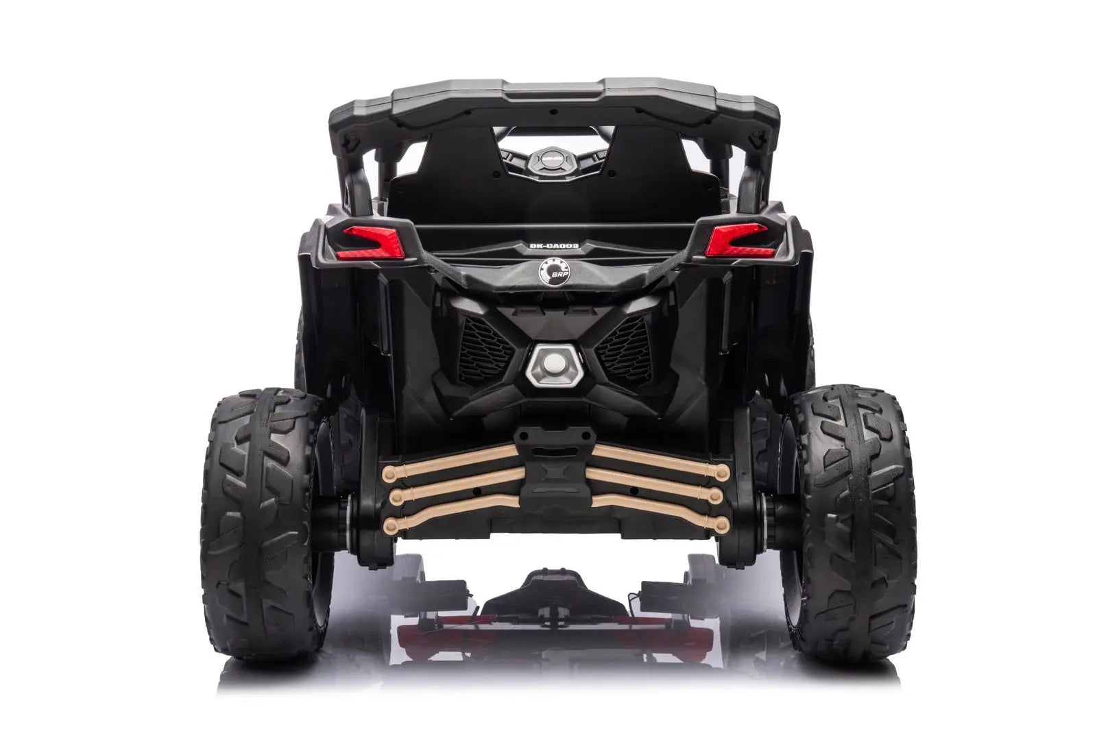 Rear view of black kids' electric ride-on UTV with rugged off-road tires and red taillights
