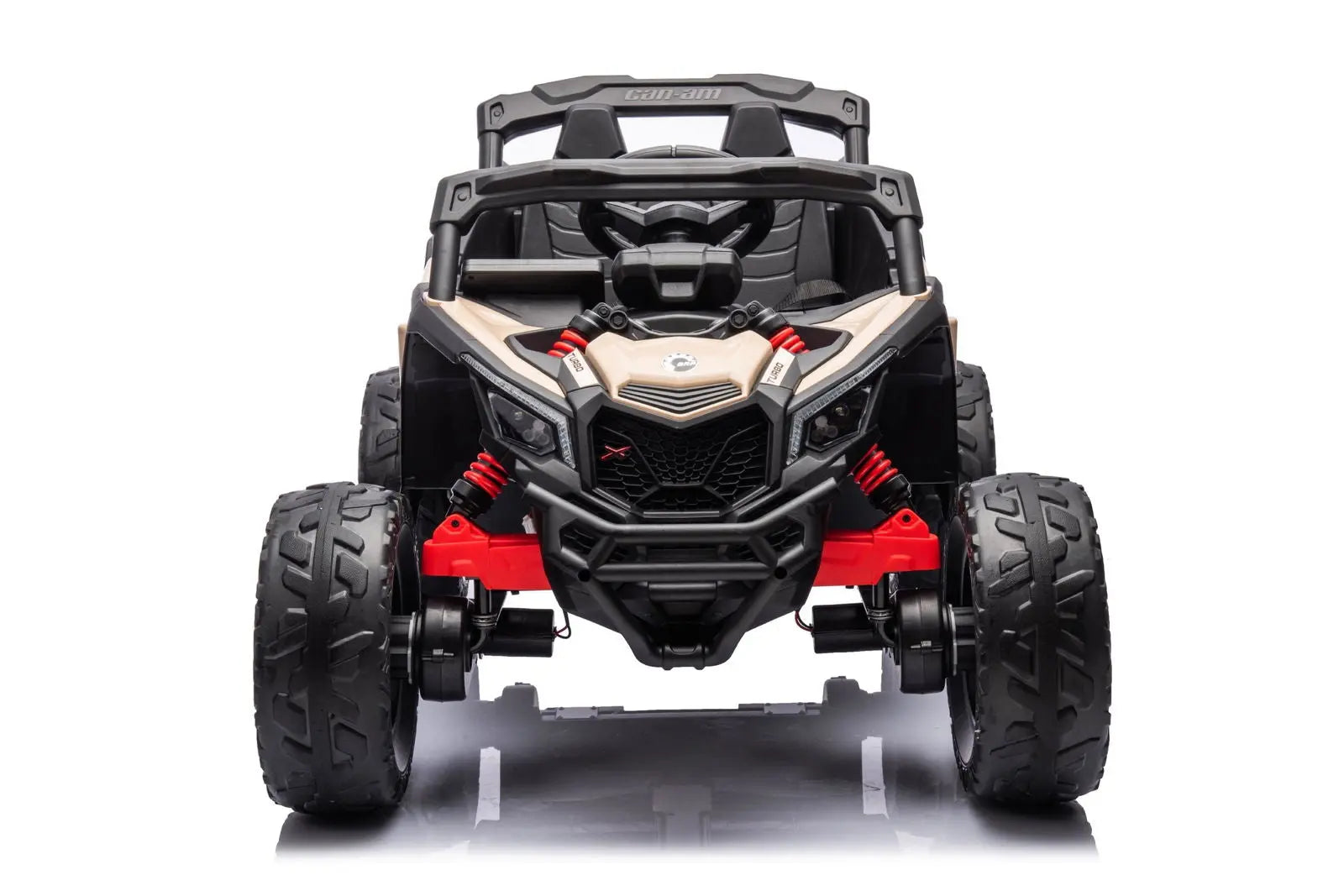 Kids electric ride-on UTV toy, 1-seater, black and beige, rugged tires, front view