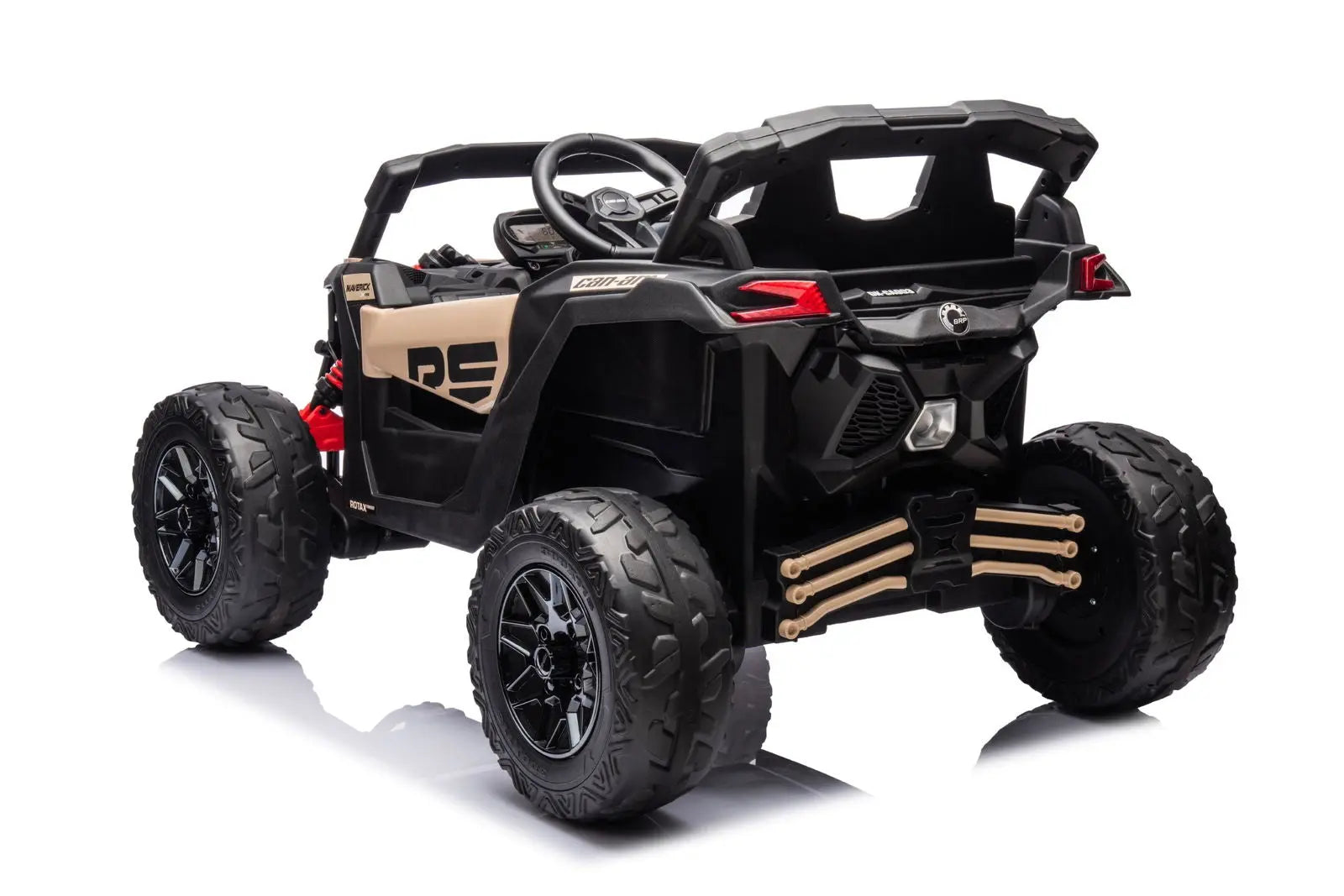 Kids electric ride-on 1-seater UTV, rugged black and tan design with large off-road tires