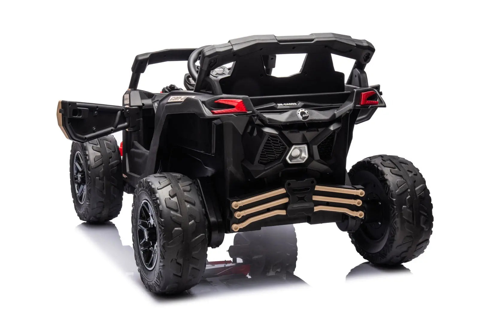 Rear view of black kids' electric ride-on UTV with off-road tires and open driver door