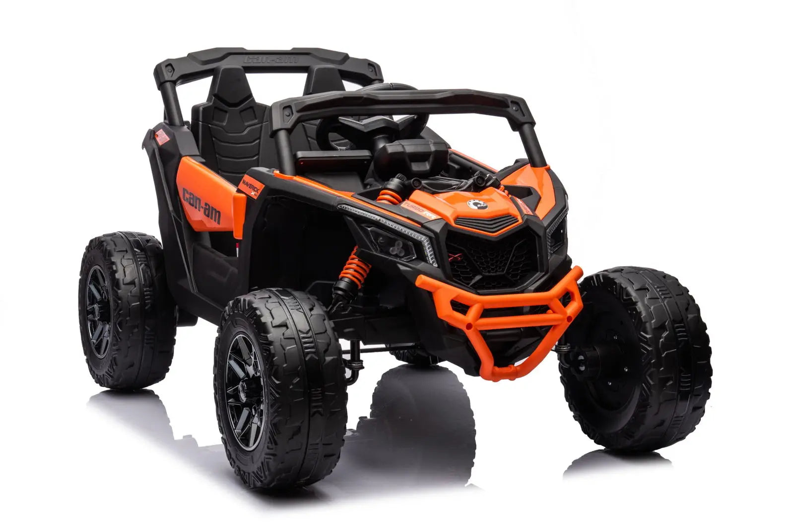 Orange and black kids' electric ride-on UTV toy with rugged off-road tires on white background