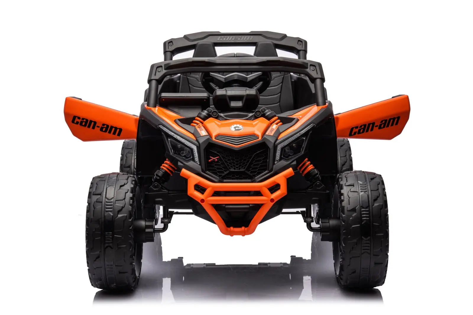 24V orange and black kids electric ride-on UTV with open doors, rugged tires, and Can-Am branding