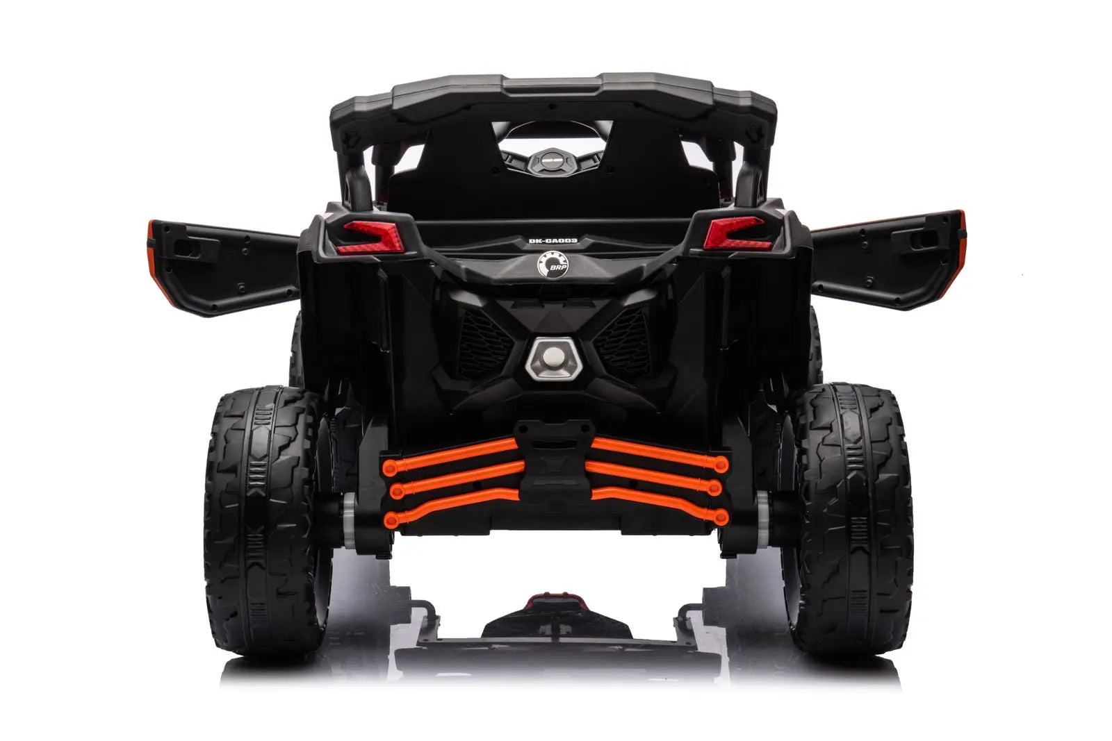 Rear view of kids 24V electric ride-on UTV with open doors, large tires, and orange accents