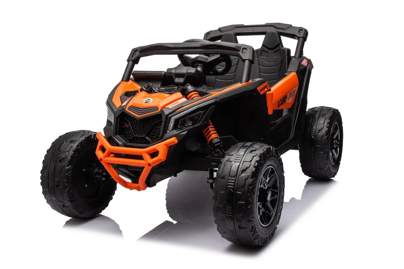 Orange and black kids electric ride-on UTV toy with rugged tires and realistic detailing