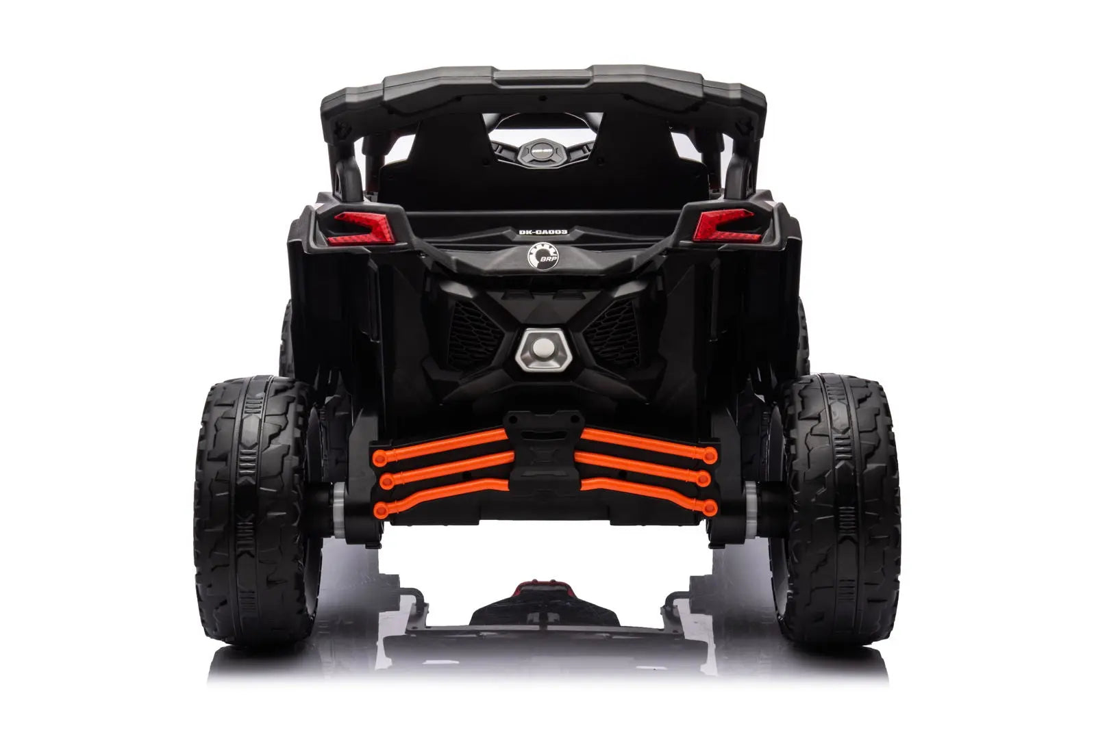 Rear view of kids 24V electric ride-on UTV with rugged tires and orange suspension arms