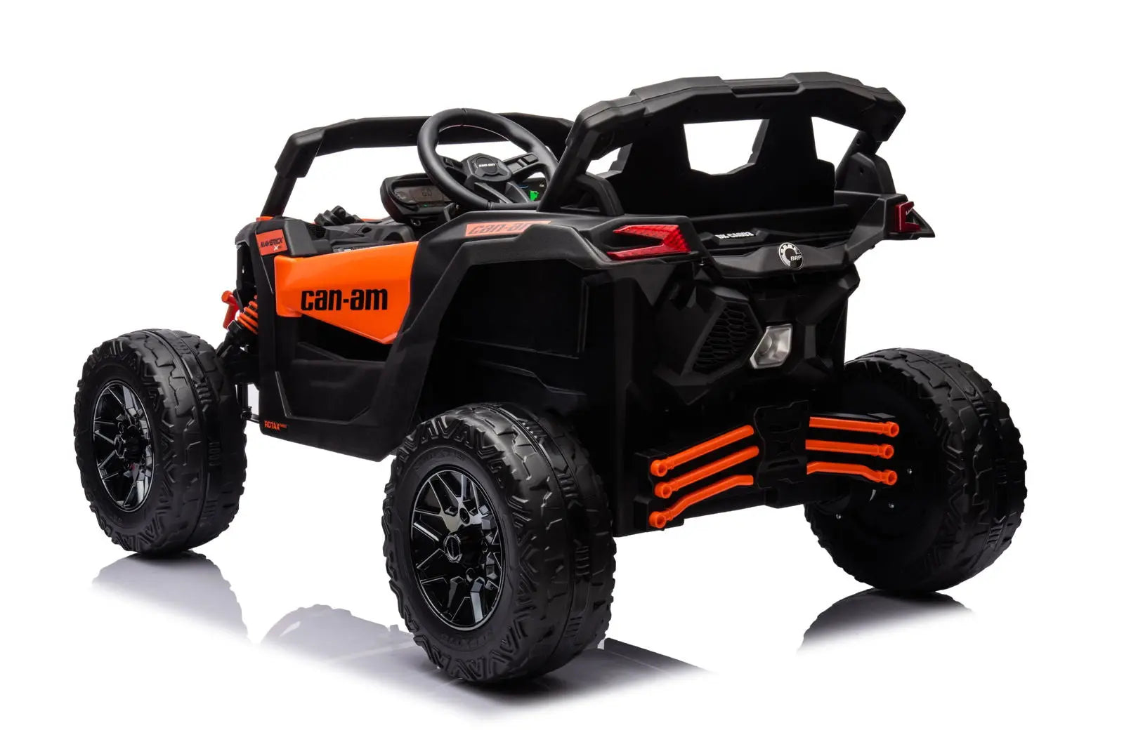 24V kids electric ride-on Can-Am Maverick UTV with black and orange design, rear view