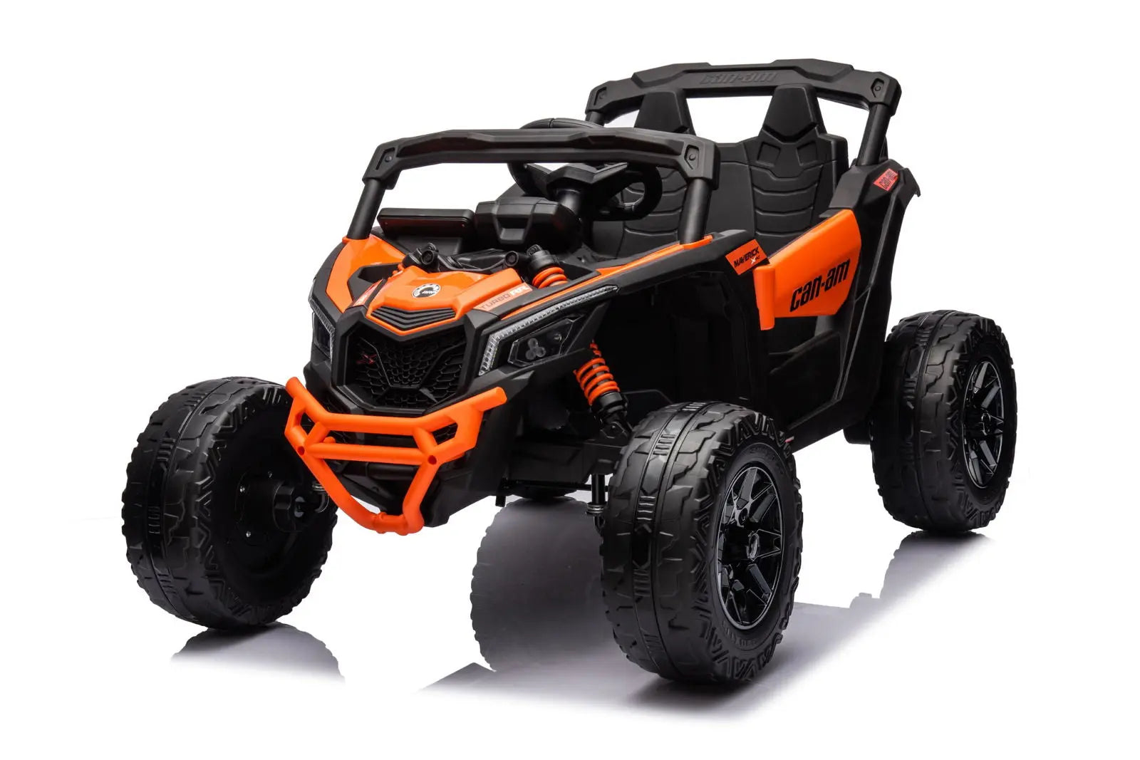 Orange and black kids 24V electric ride-on UTV, single-seater, off-road style vehicle