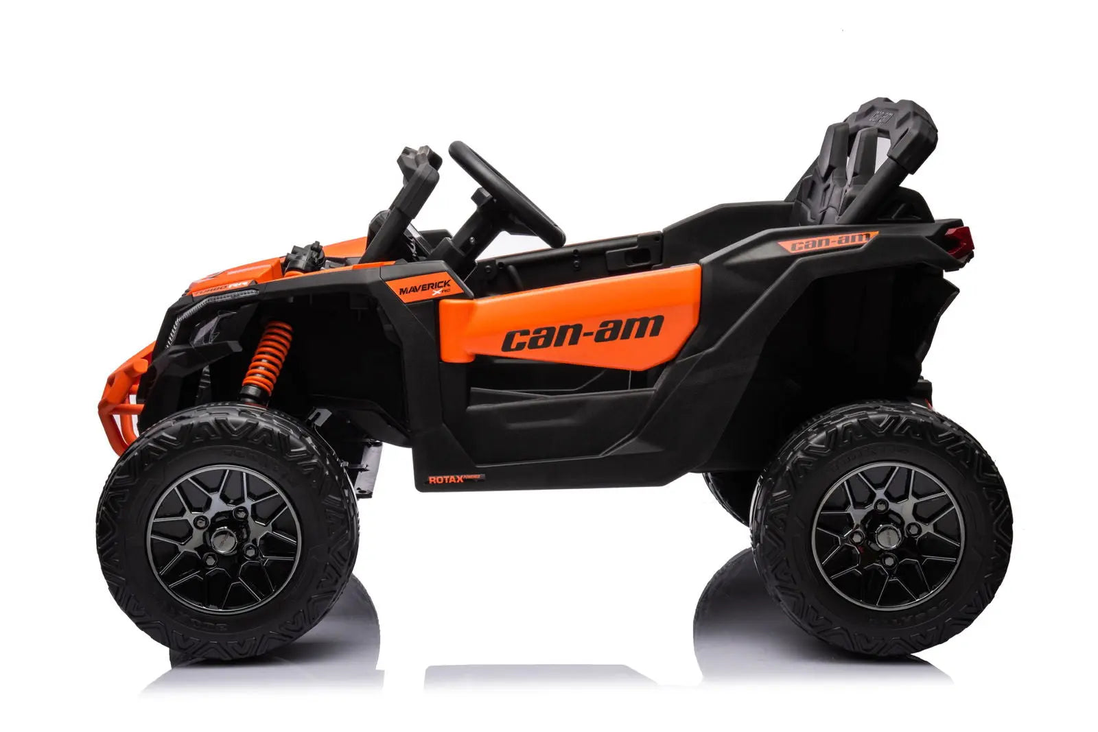 Orange and black 24V Can-Am Maverick one-seater kids electric ride-on UTV, side view.