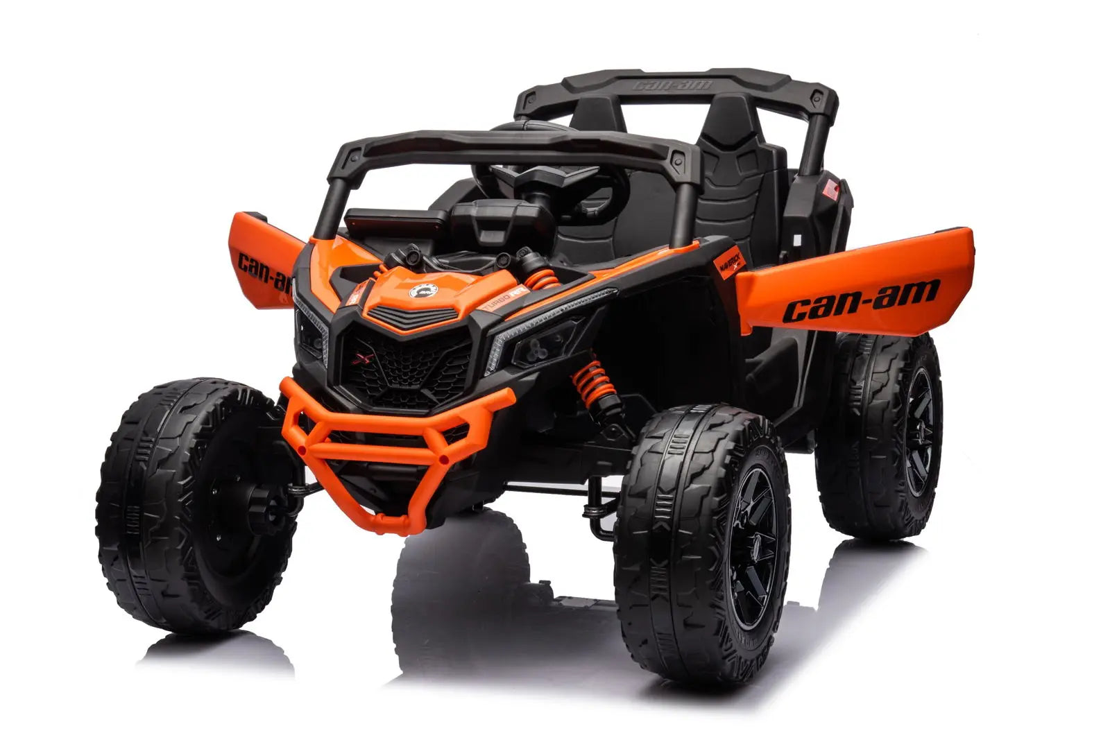 Kids orange Can-Am Maverick 1-seater UTV electric ride-on toy with rugged wheels