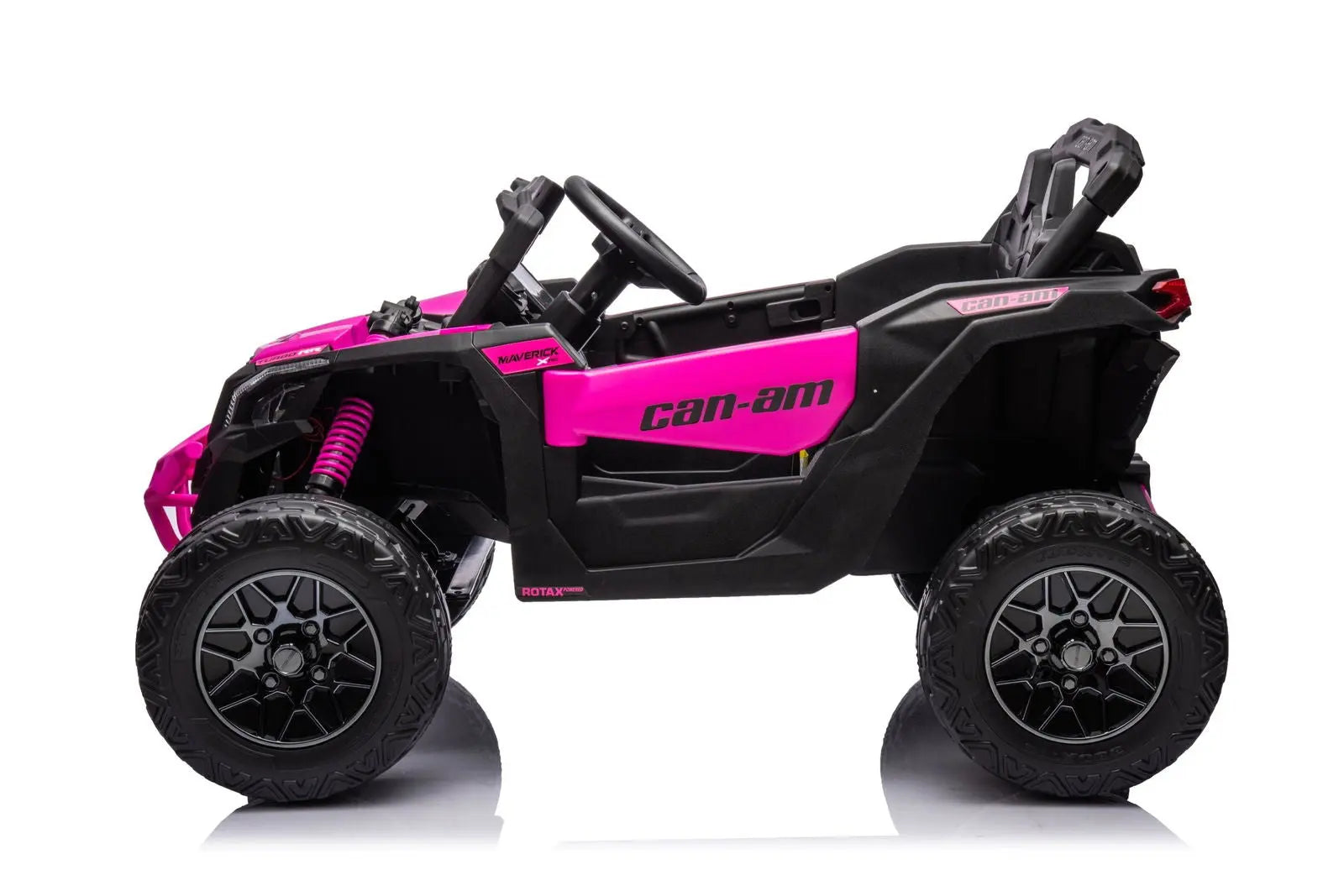 Pink 24V Can-Am Maverick 1-seater kids electric ride-on UTV with rugged black tires