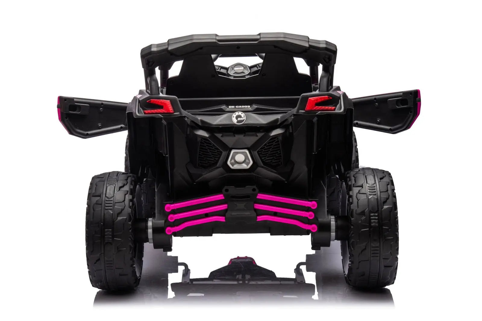 Rear view of a black kids' electric ride-on UTV with large tires and pink accents, doors open.