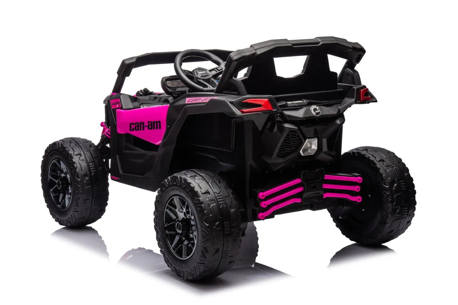 Black and pink 24V Can-Am Maverick 1-seater kids electric ride-on UTV with off-road tires