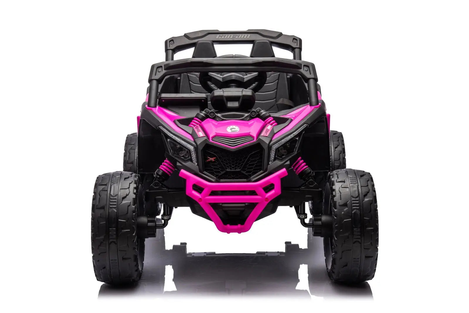 Pink and black 24V Can-Am Maverick kids electric ride-on UTV, front view, off-road tires