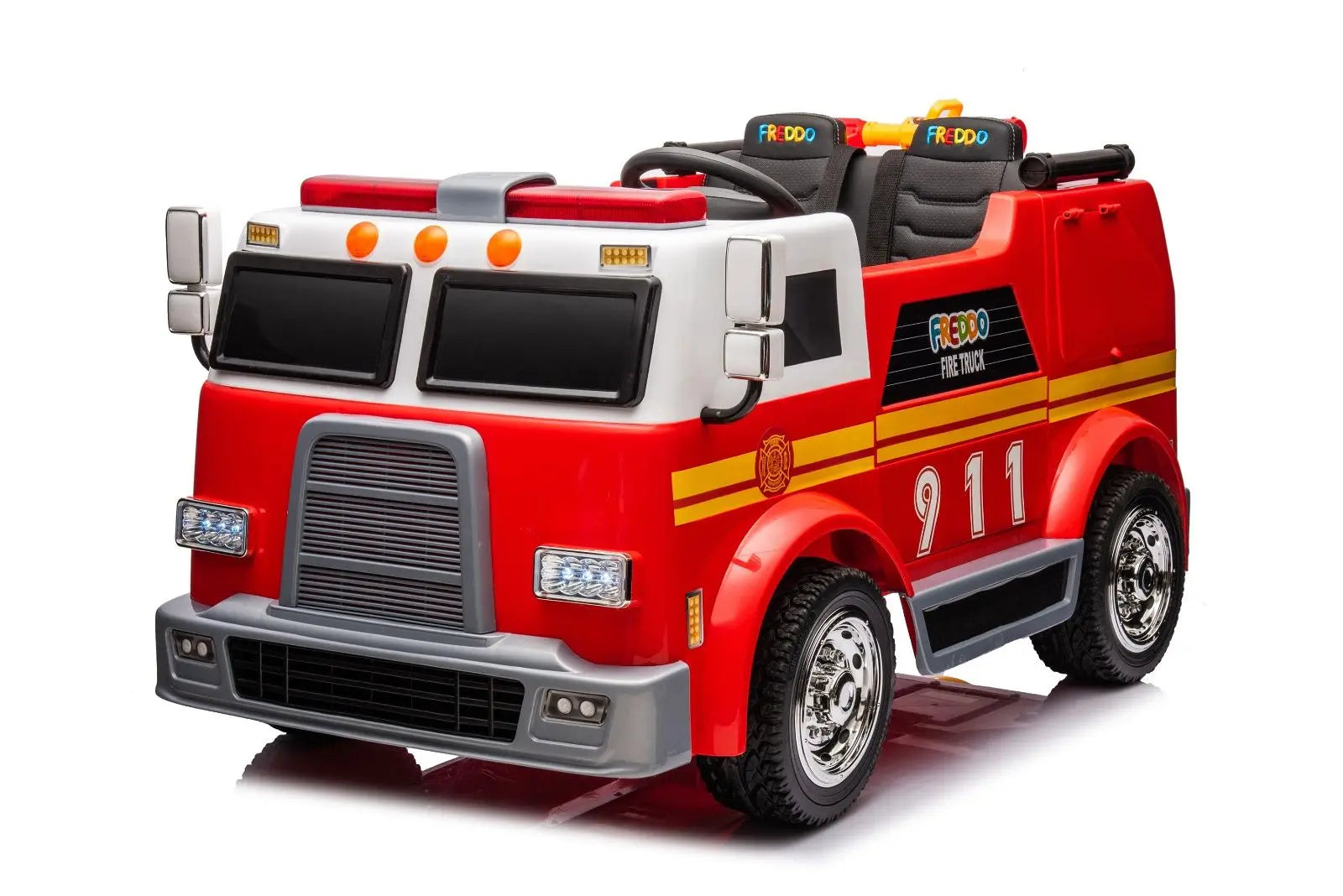 Red 2-seater kids ride-on fire truck with 911 decals and black seats