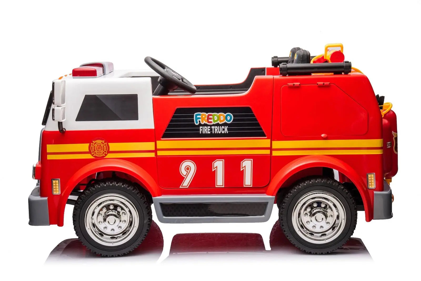 Red kids ride-on 2-seater fire truck toy with 911 and firefighter graphics, side view
