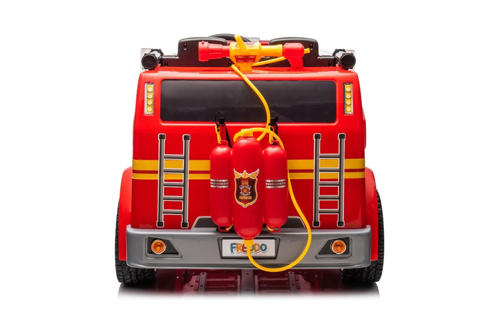 Red 2-seater kids ride-on fire truck with ladders, fire extinguisher tanks, and rescue details