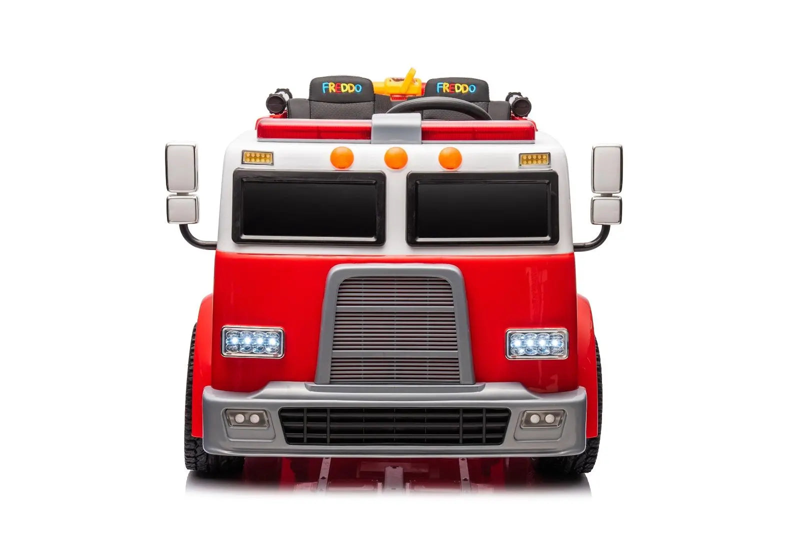 Front view of red 2-seater kids ride-on fire truck toy with headlights and side mirrors