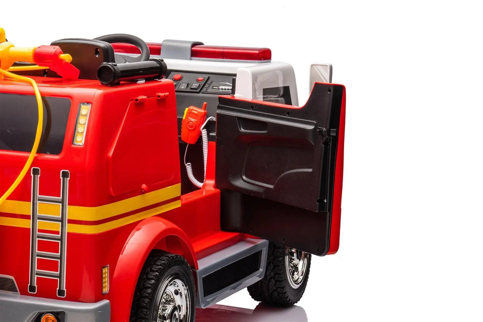 Close-up of a red two-seater kids ride-on fire truck with open door and realistic accessories