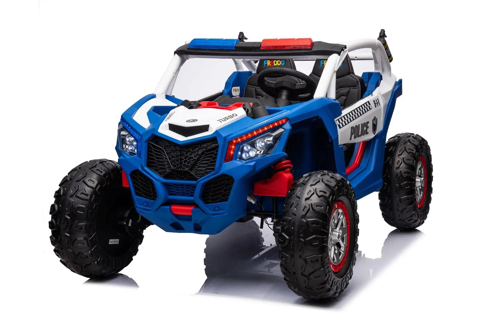 Blue and white kids police UTV ride-on car with lights, sirens, and rugged tires