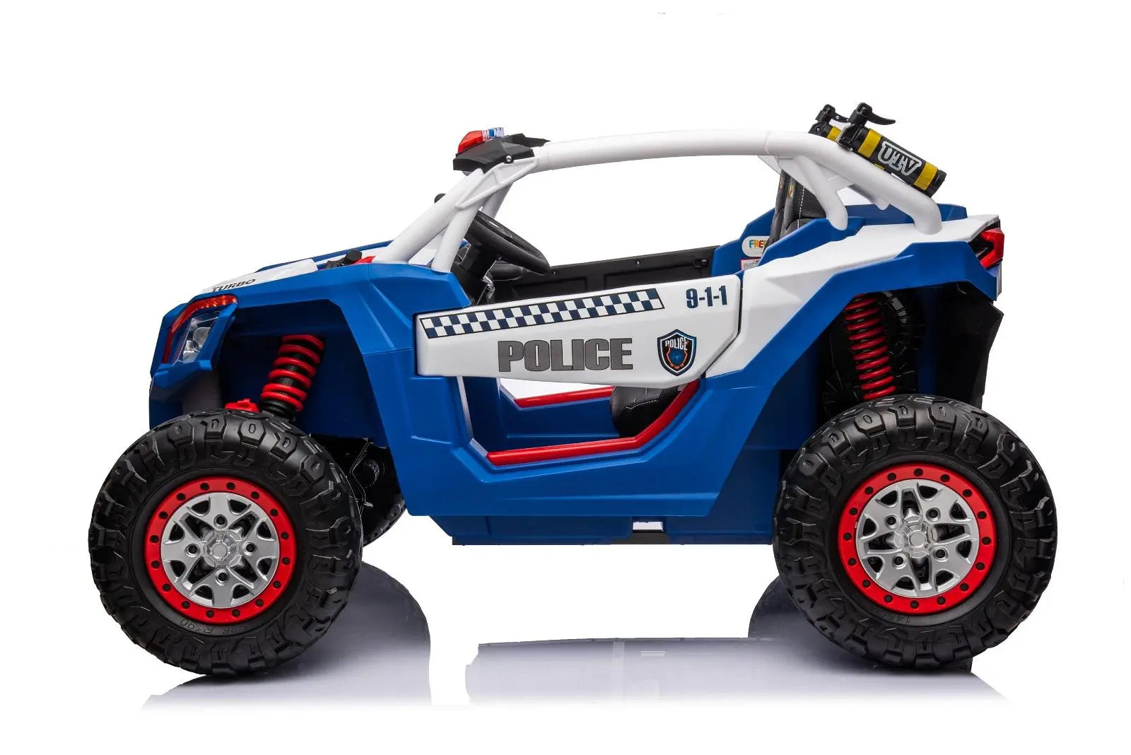 Blue and white kids police UTV ride-on car with sirens, lights, and rugged tires side view