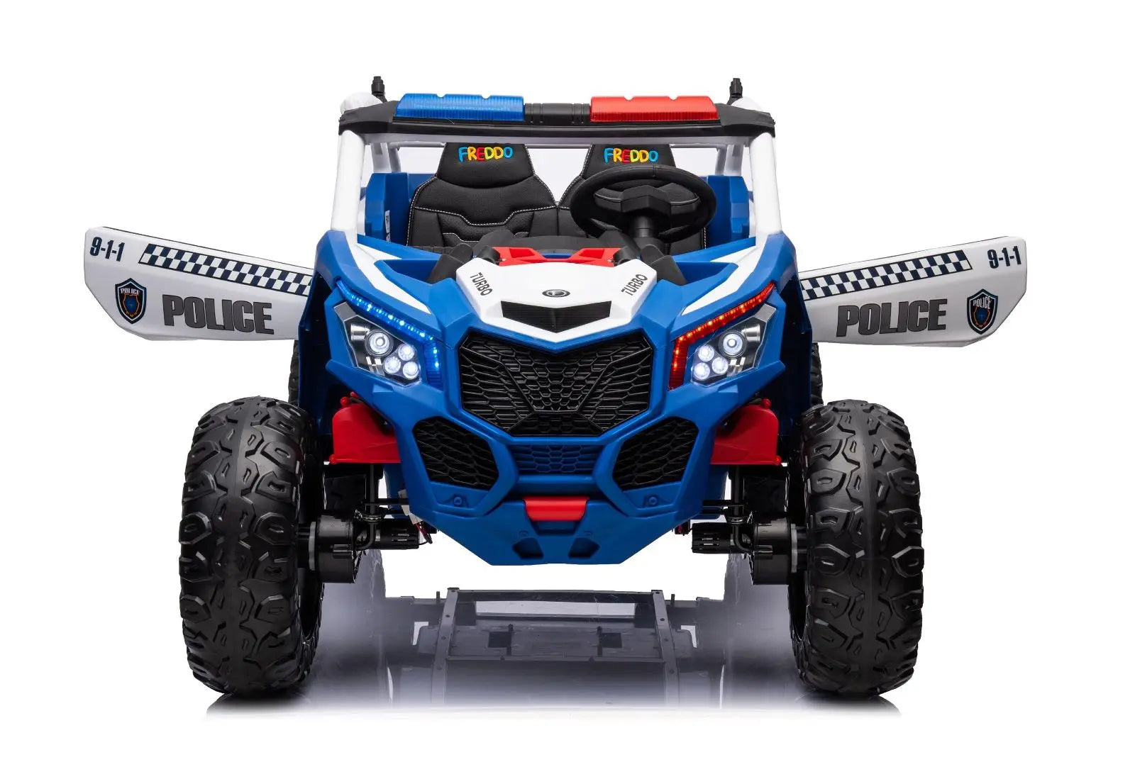 Blue and white kids police UTV ride-on car with lights, siren, and two seats