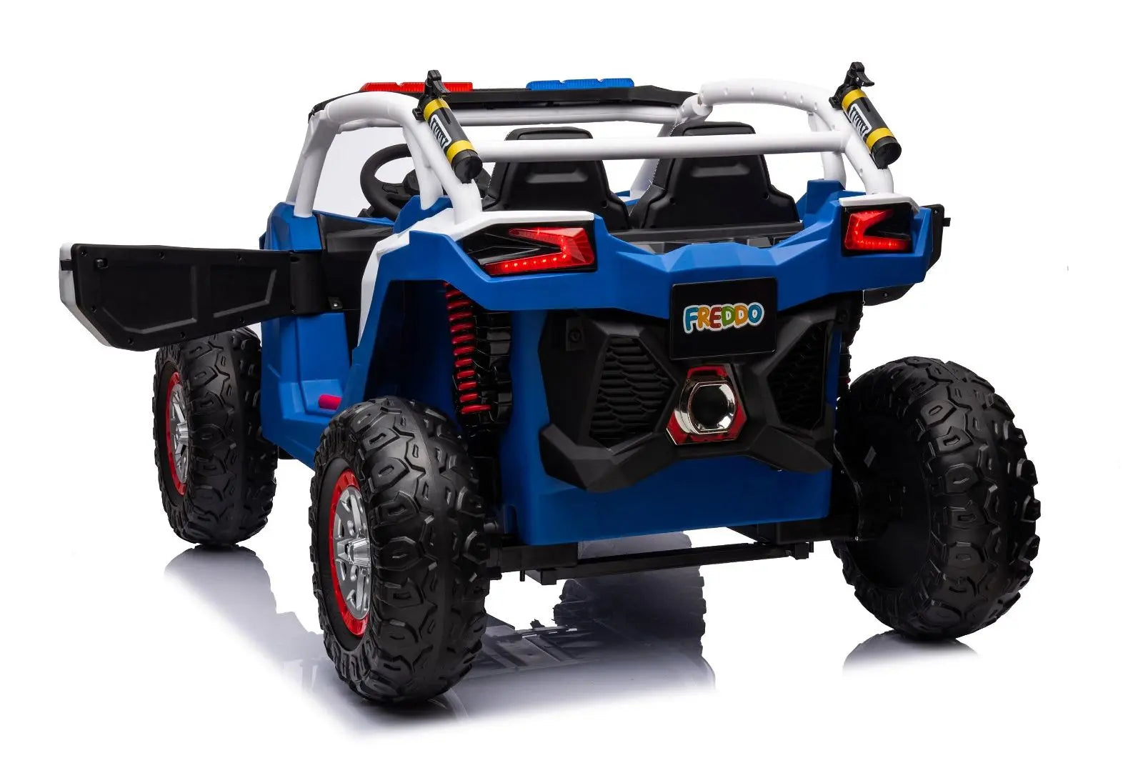 Blue 2-seater kids police UTV ride-on car with large tires, lights, and open side door