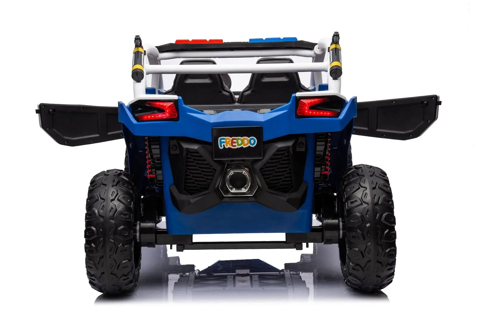 Rear view of blue kids' 2-seater police UTV with off-road tires and open doors