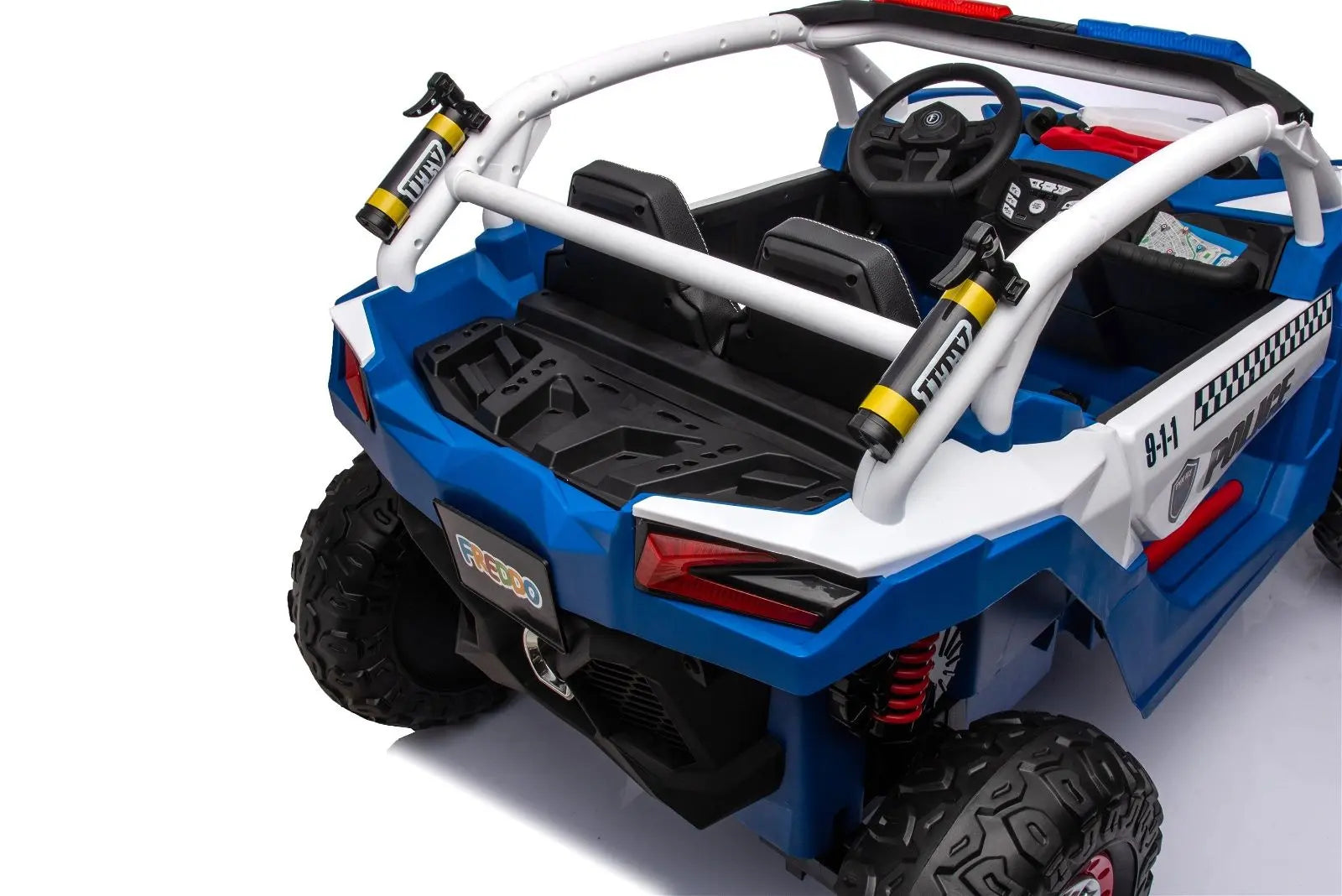 Blue and white kids' 2-seater police ride-on UTV with rugged wheels and siren lights