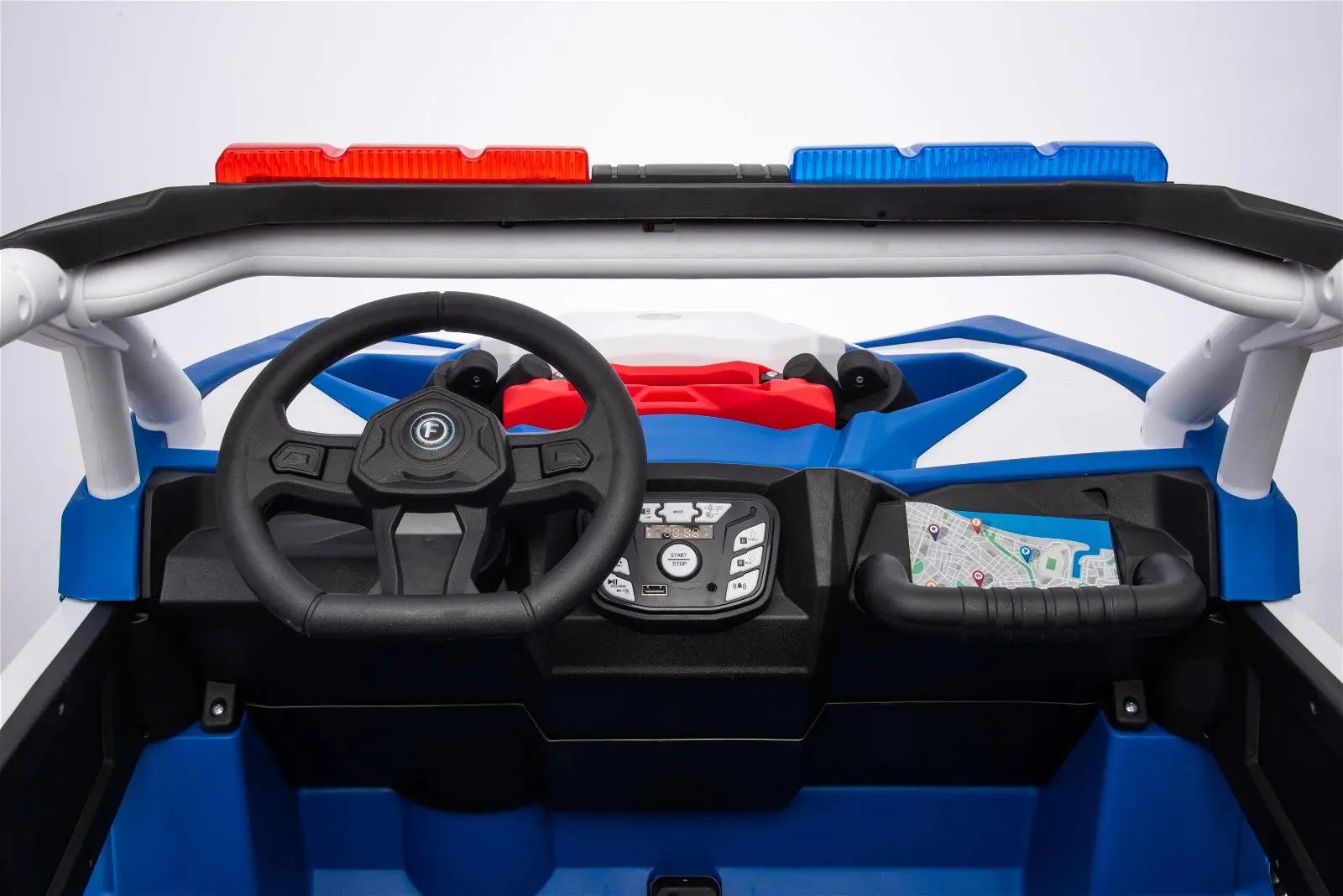 Kids police UTV dashboard with steering wheel, colored lights, and map detail visible