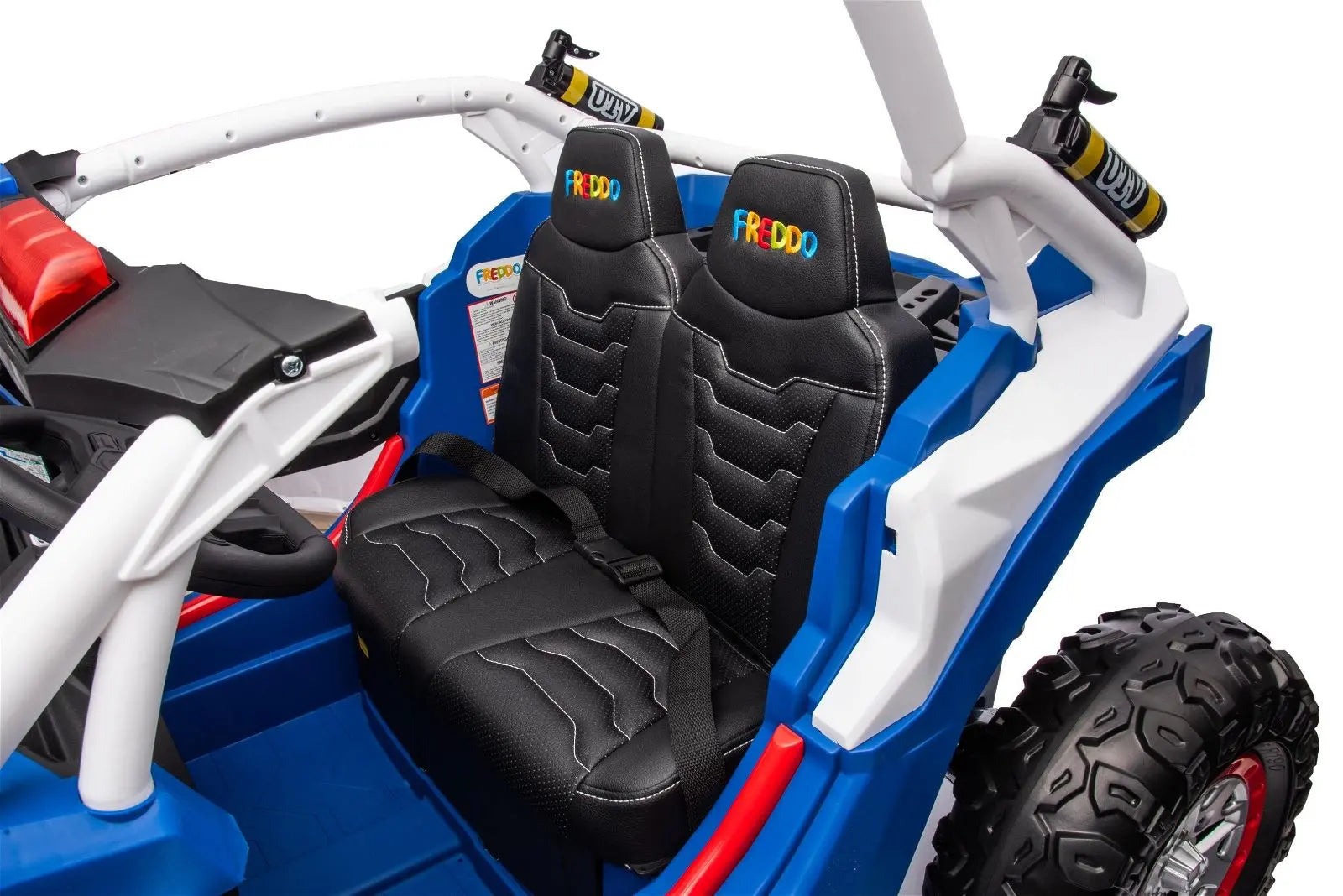 Two-seater kids electric UTV with black seats, seat belt, and police-themed interior