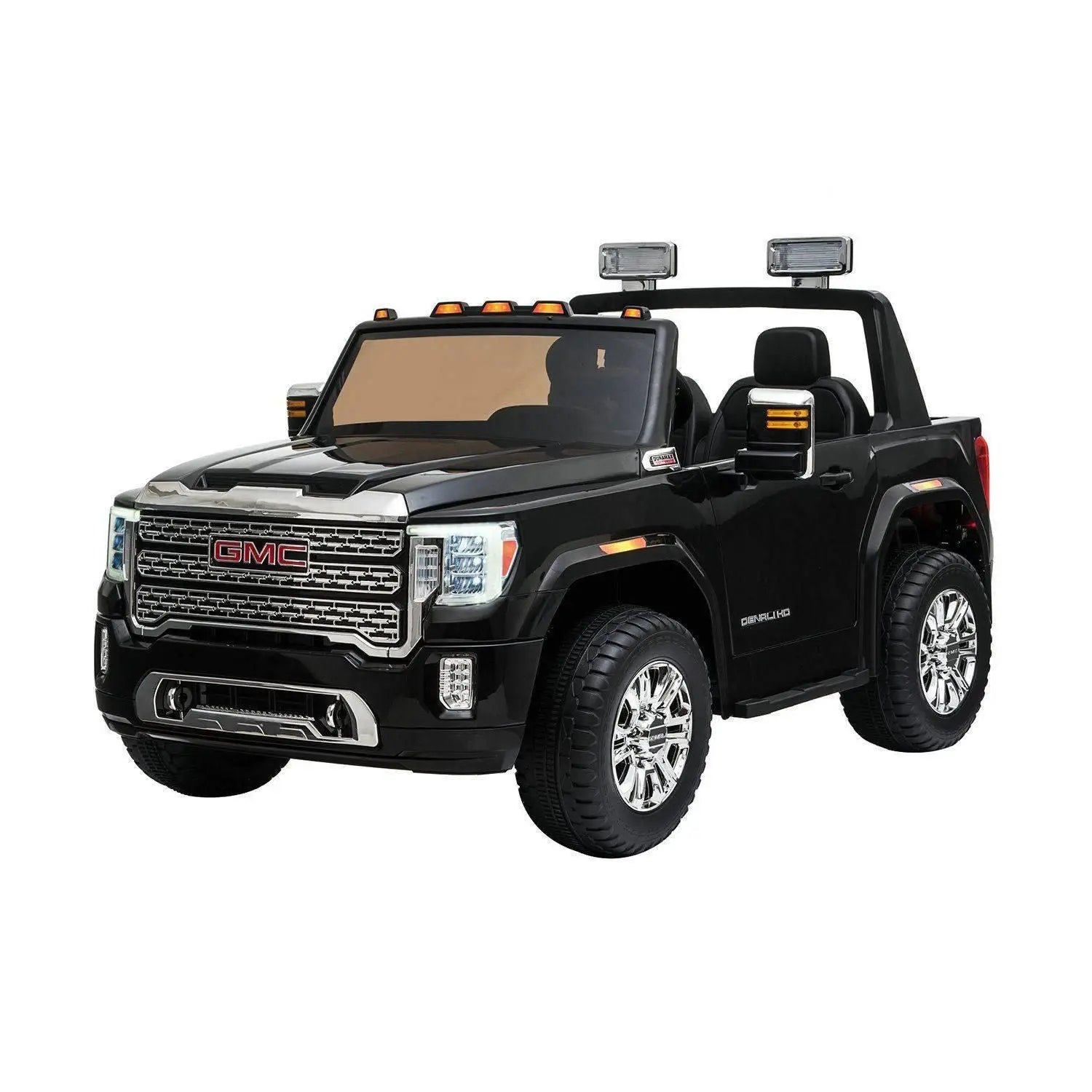 Black 2-seater GMC Denali ride-on toy car with realistic details and chrome accents