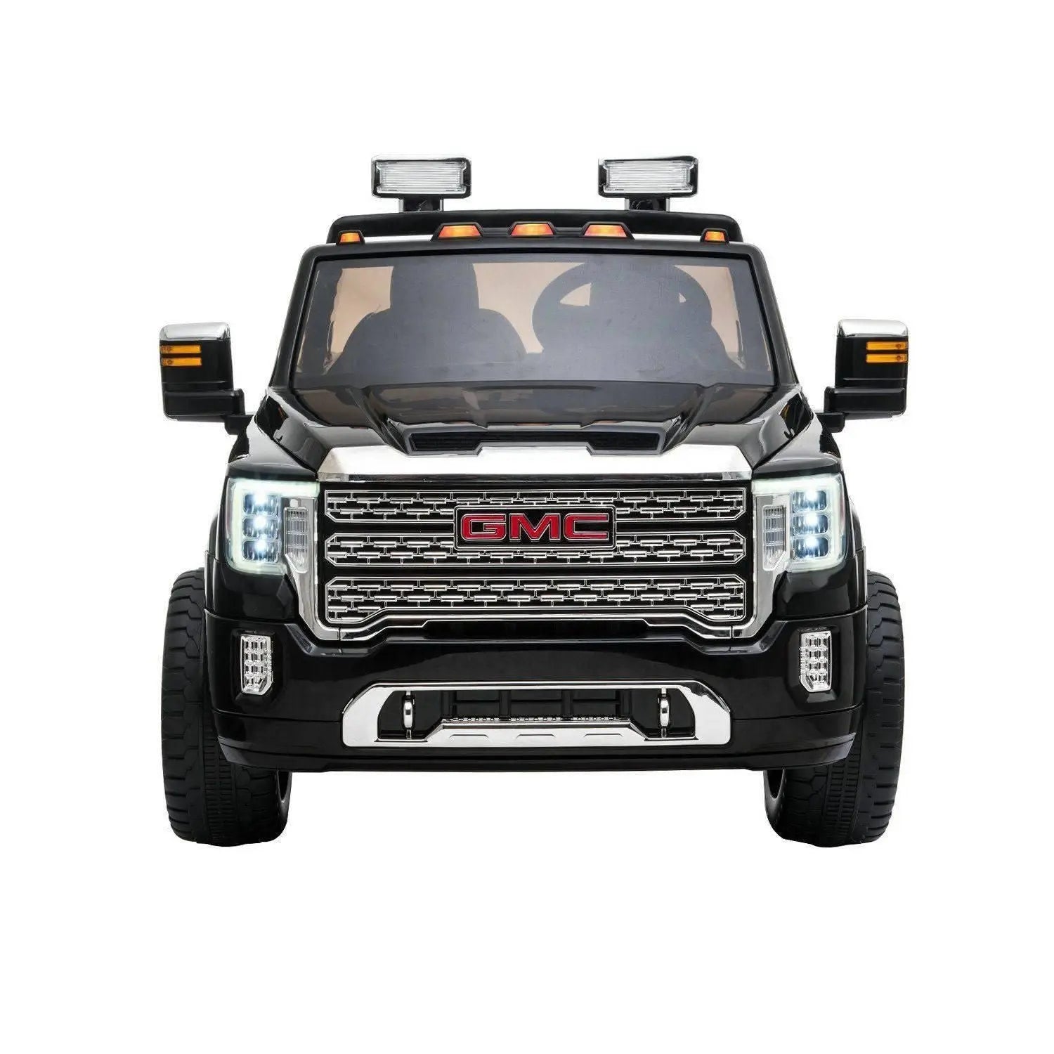Front view of black GMC Denali 2-seater 24V ride-on car toy with LED lights