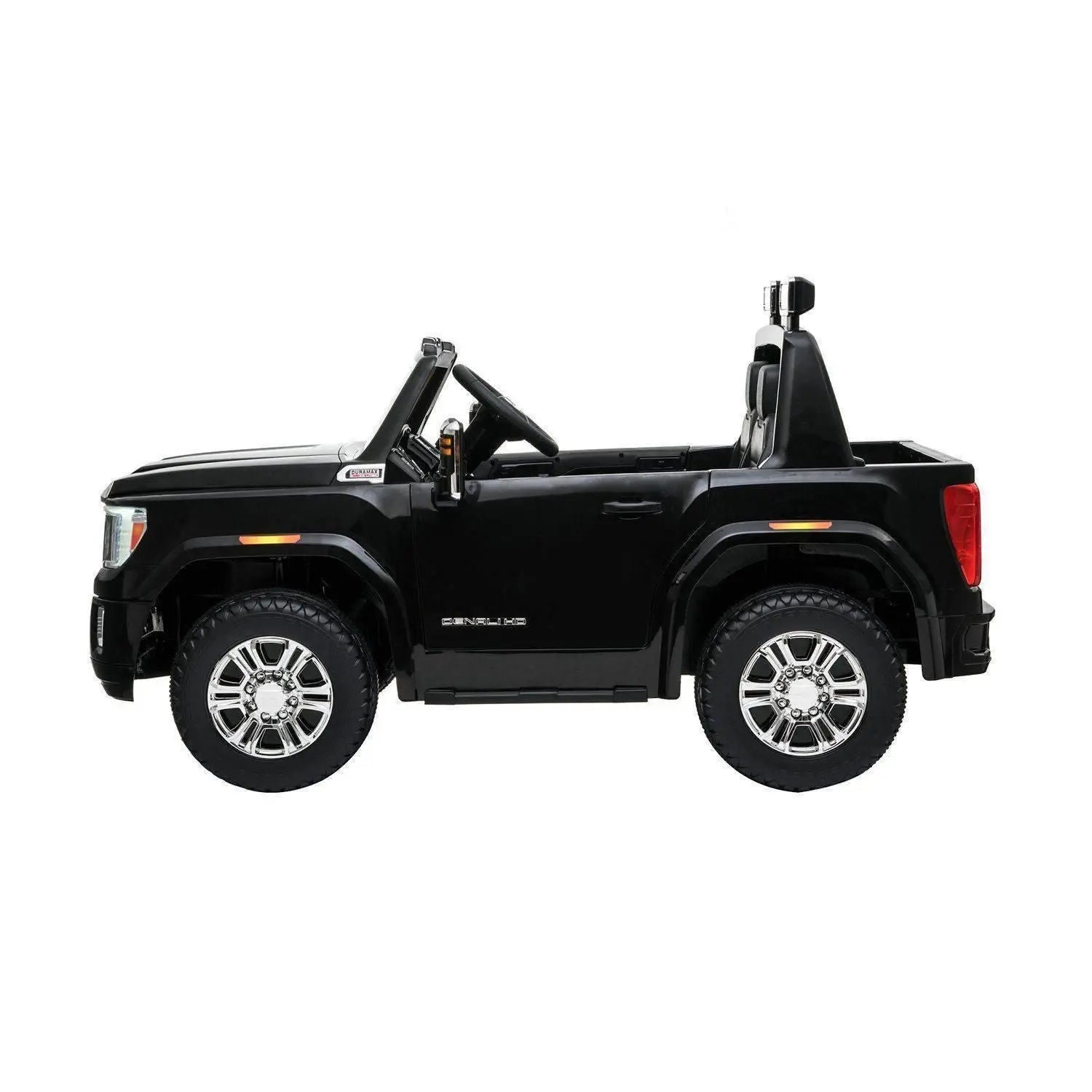 Black 24V two-seater ride-on toy car with realistic GMC Denali SUV design, side view