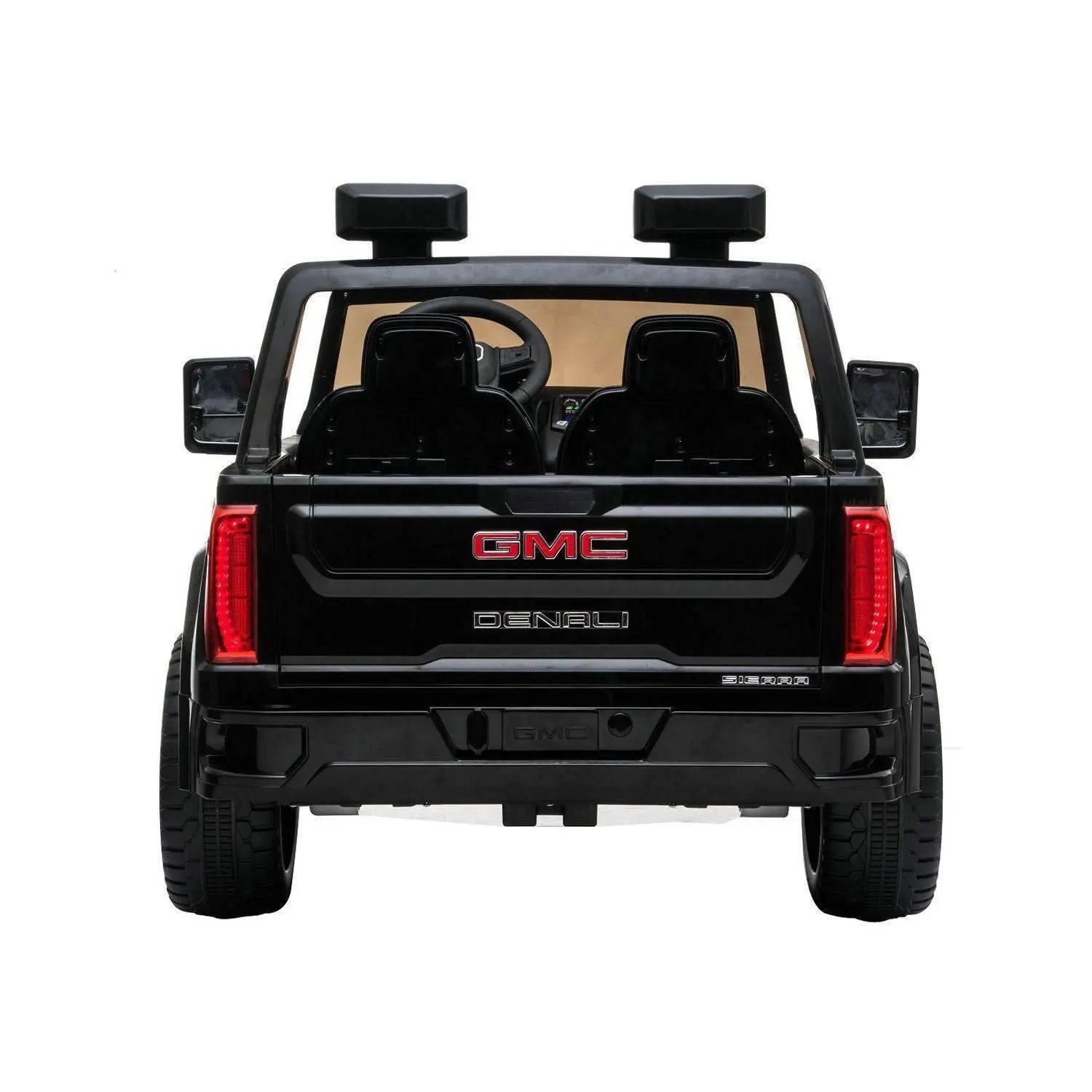 Black 2-seater GMC Denali kids ride-on car with visible rear lights and seats, rear view