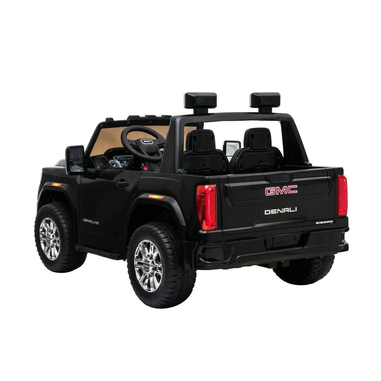 Black 24V GMC Denali two-seater ride-on toy truck with realistic details, rear view
