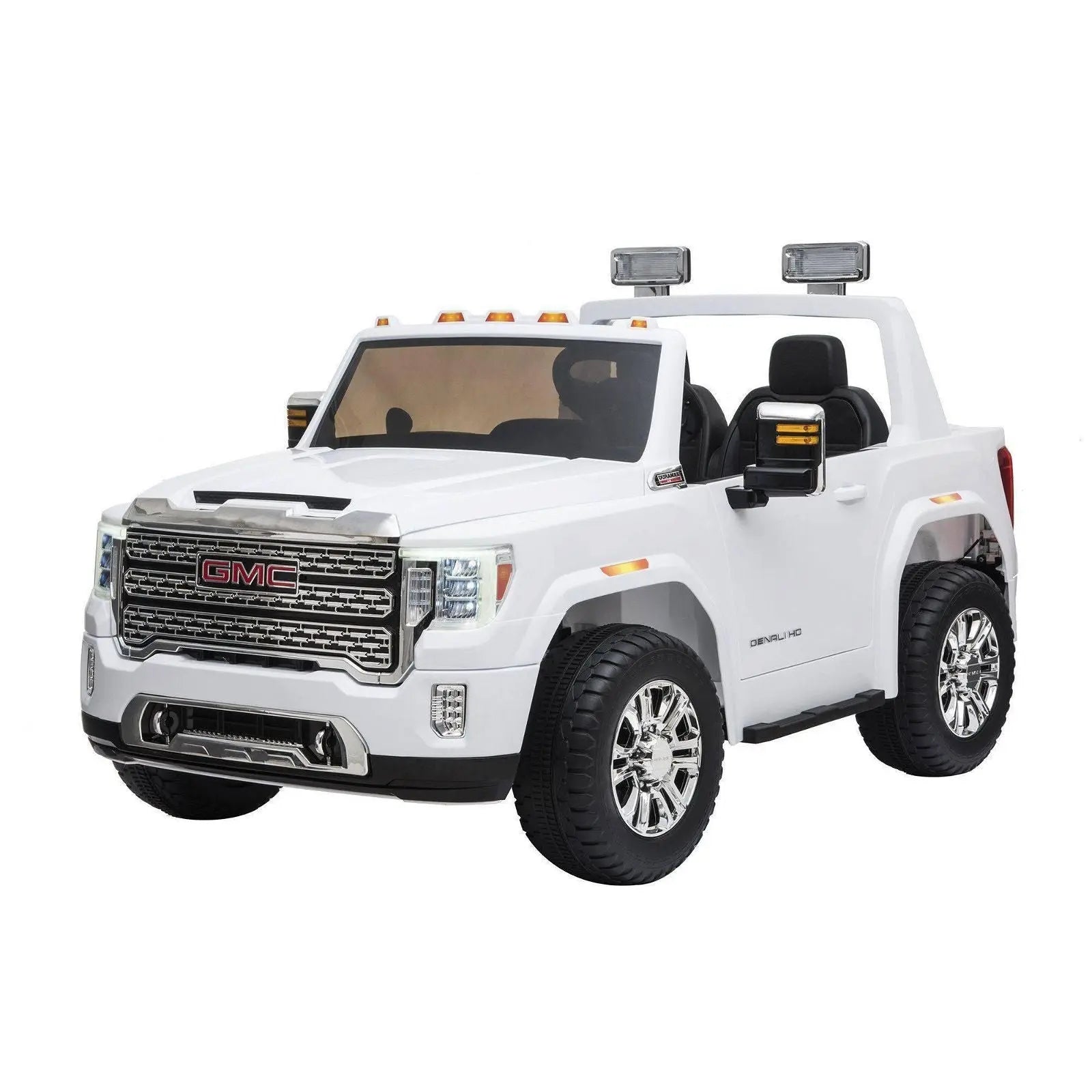 White 2-seater GMC Denali ride-on toy car with chrome wheels and parental remote control