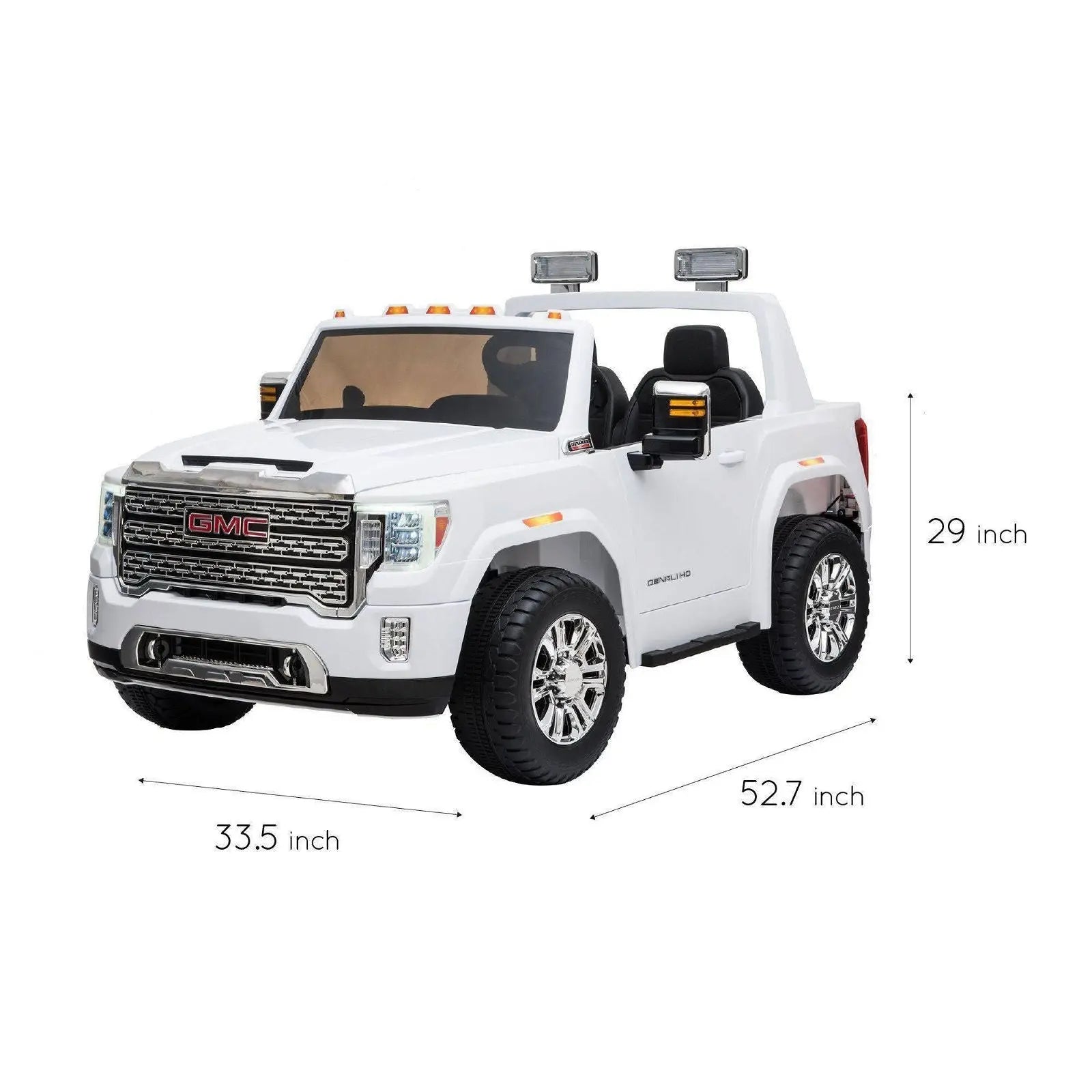 White 24V GMC Denali kids ride-on car with two seats, shown with size dimensions.