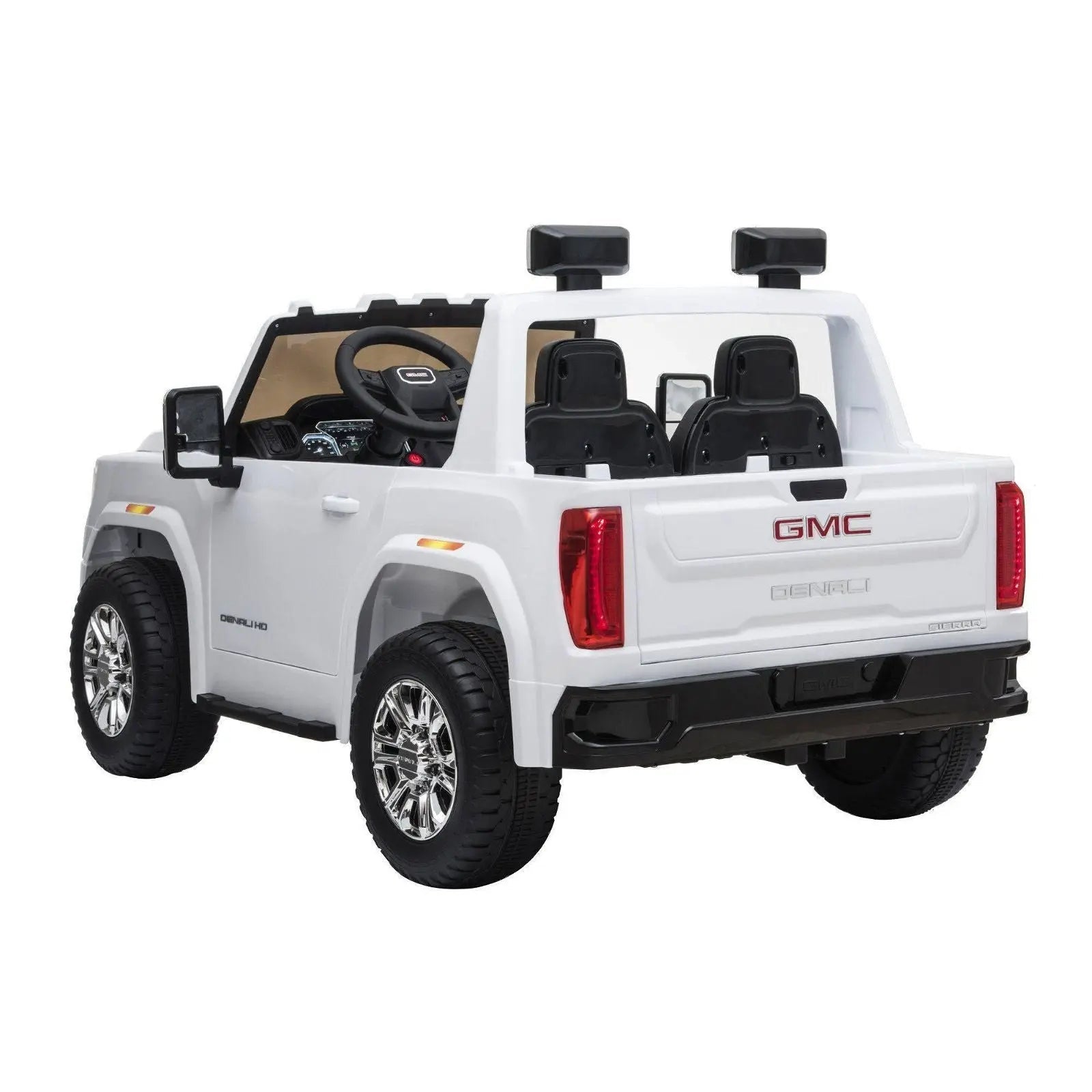 White 2-seater GMC Denali kids ride-on car with chrome wheels and realistic details