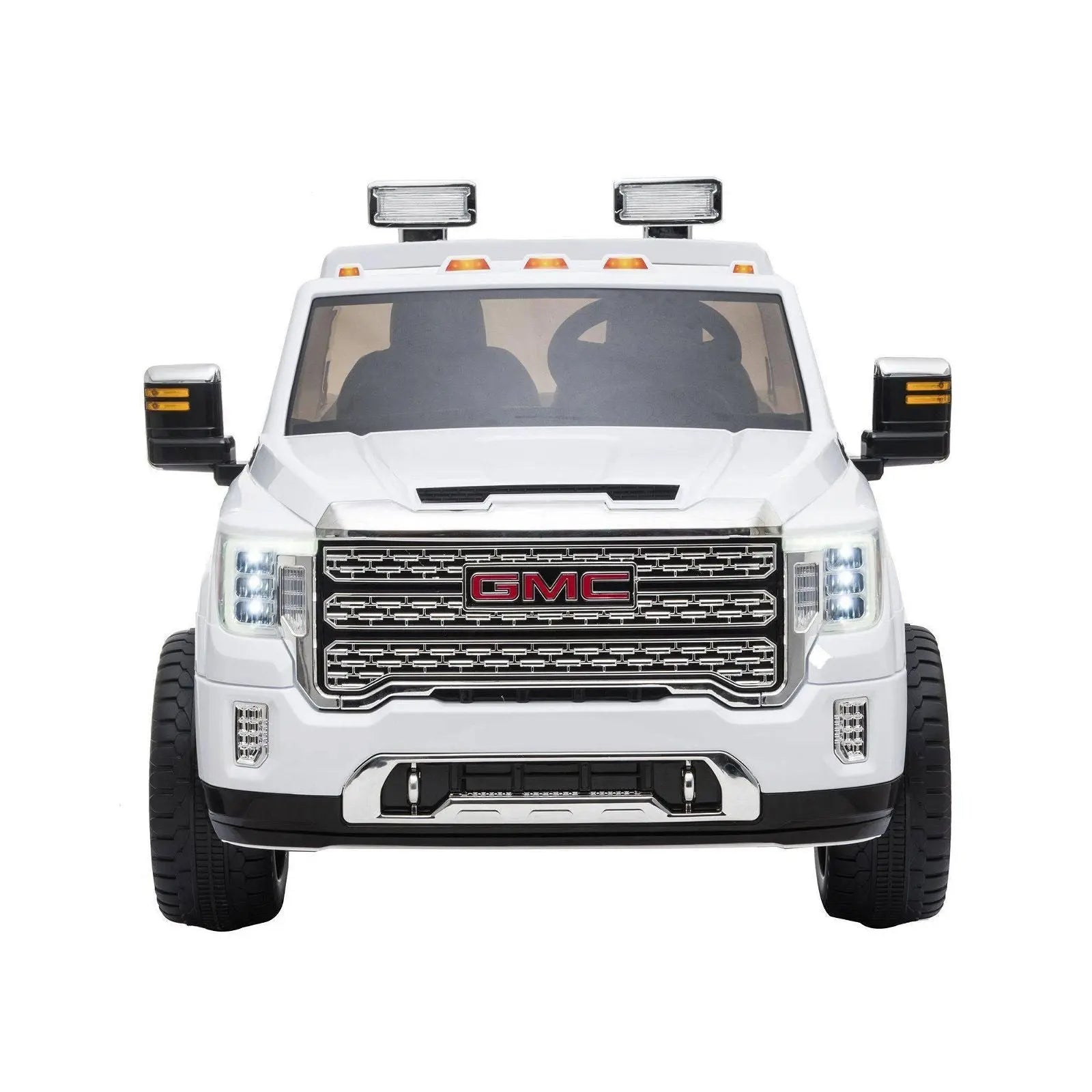 Front view of white GMC Denali 2-seater ride-on toy car with LED lights and remote control