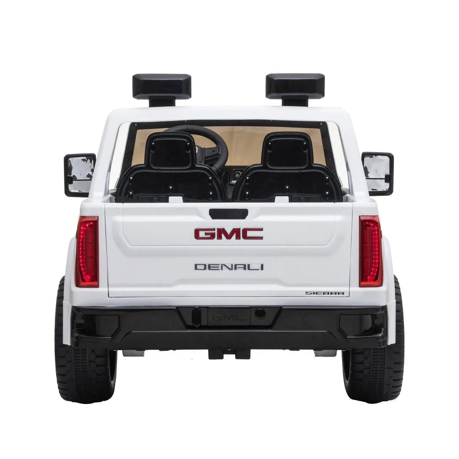 White 24V GMC Denali kids ride-on car, two seats, rear view, outdoor toy vehicle