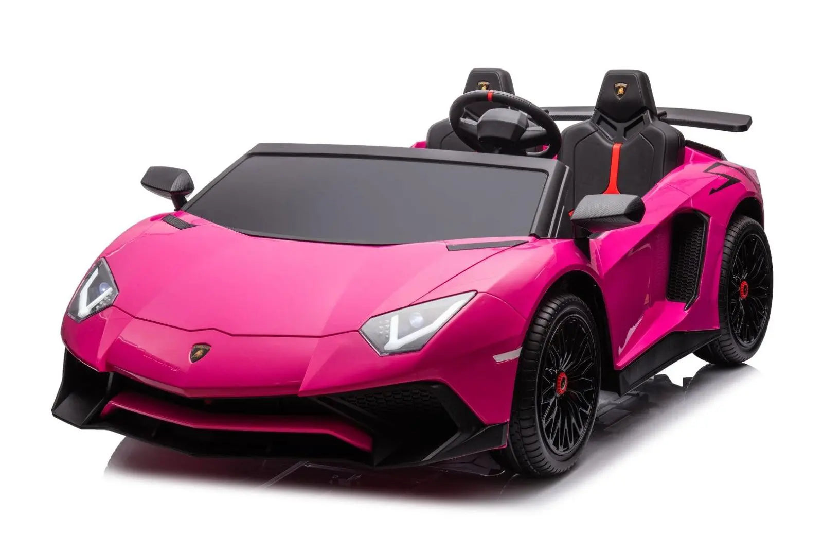Pink Lamborghini Aventador 2-seater ride-on toy car for kids with black wheels and sporty seats