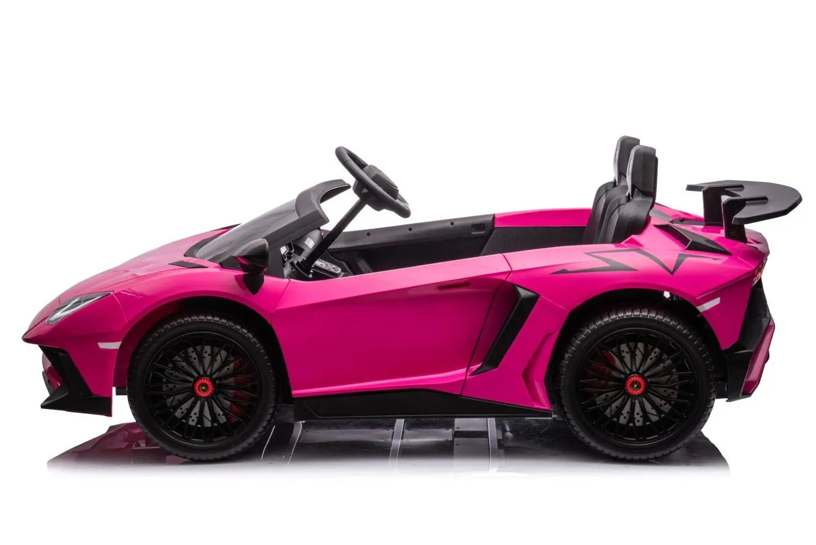 Bright pink two-seater ride-on toy car for kids with sporty design and black wheels
