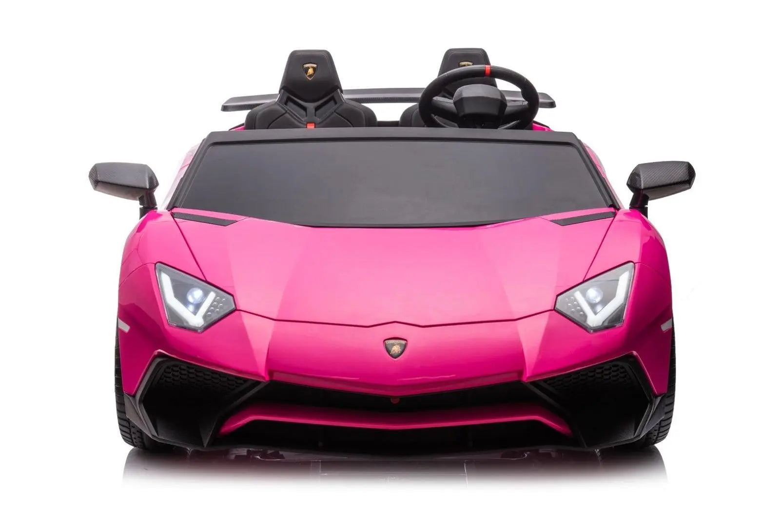 Pink 2-seater Lamborghini Aventador ride-on toy car for kids, front view, LED headlights.
