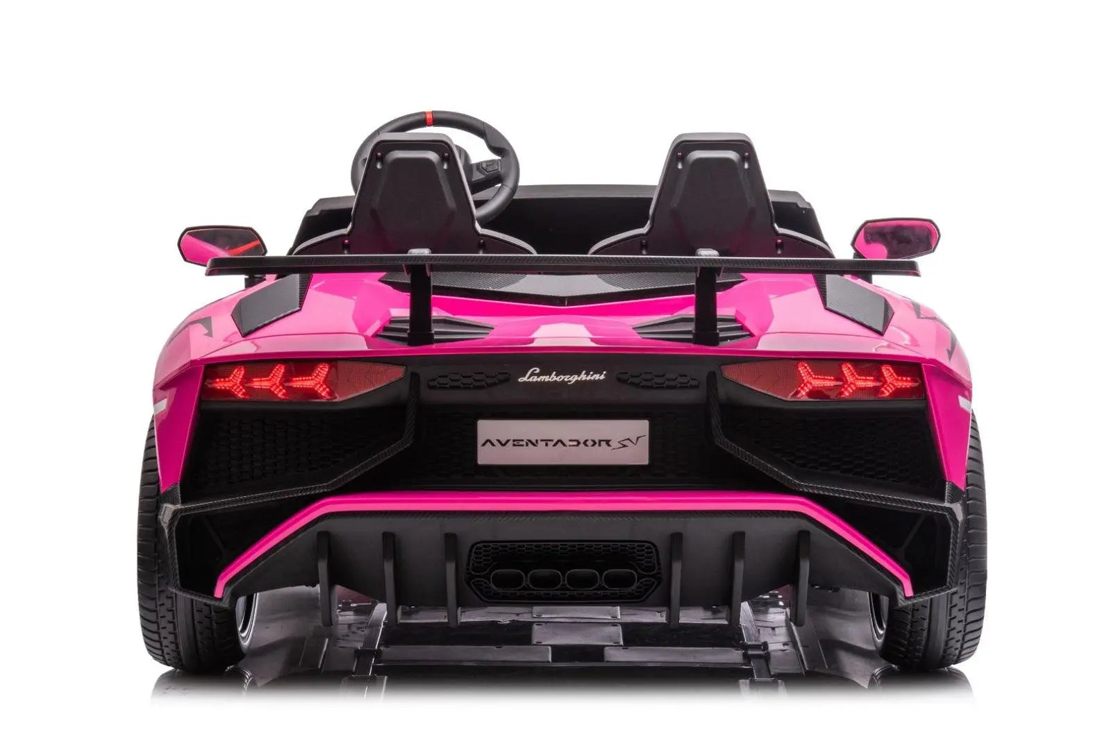 Pink Lamborghini Aventador ride-on kids car, two-seat, detailed rear view, sporty design