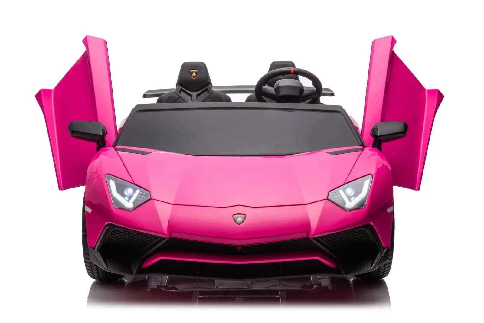 Pink Lamborghini Aventador two-seater ride-on toy car for kids with open scissor doors